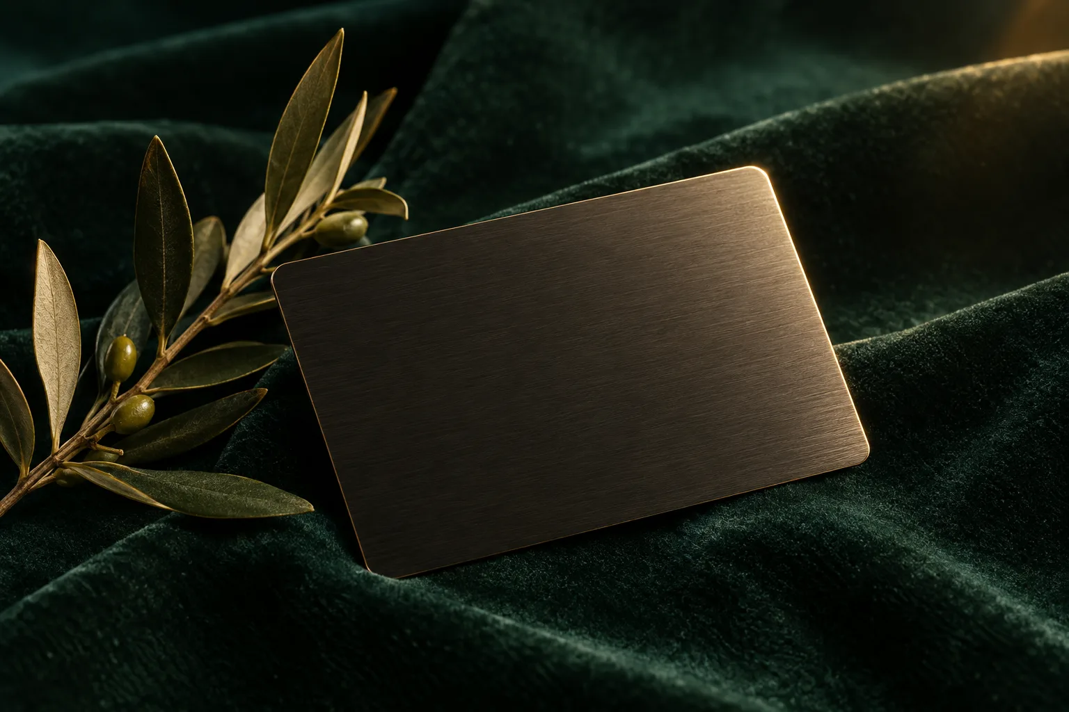 A dark brushed metal card resting on emerald velvet beside an olive branch