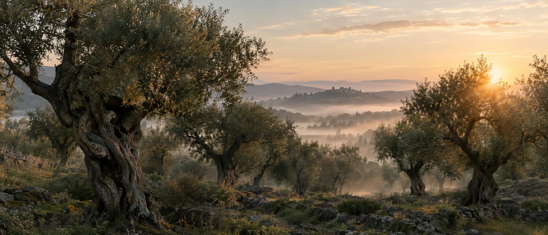An old olive grove at first light with mist between the trees