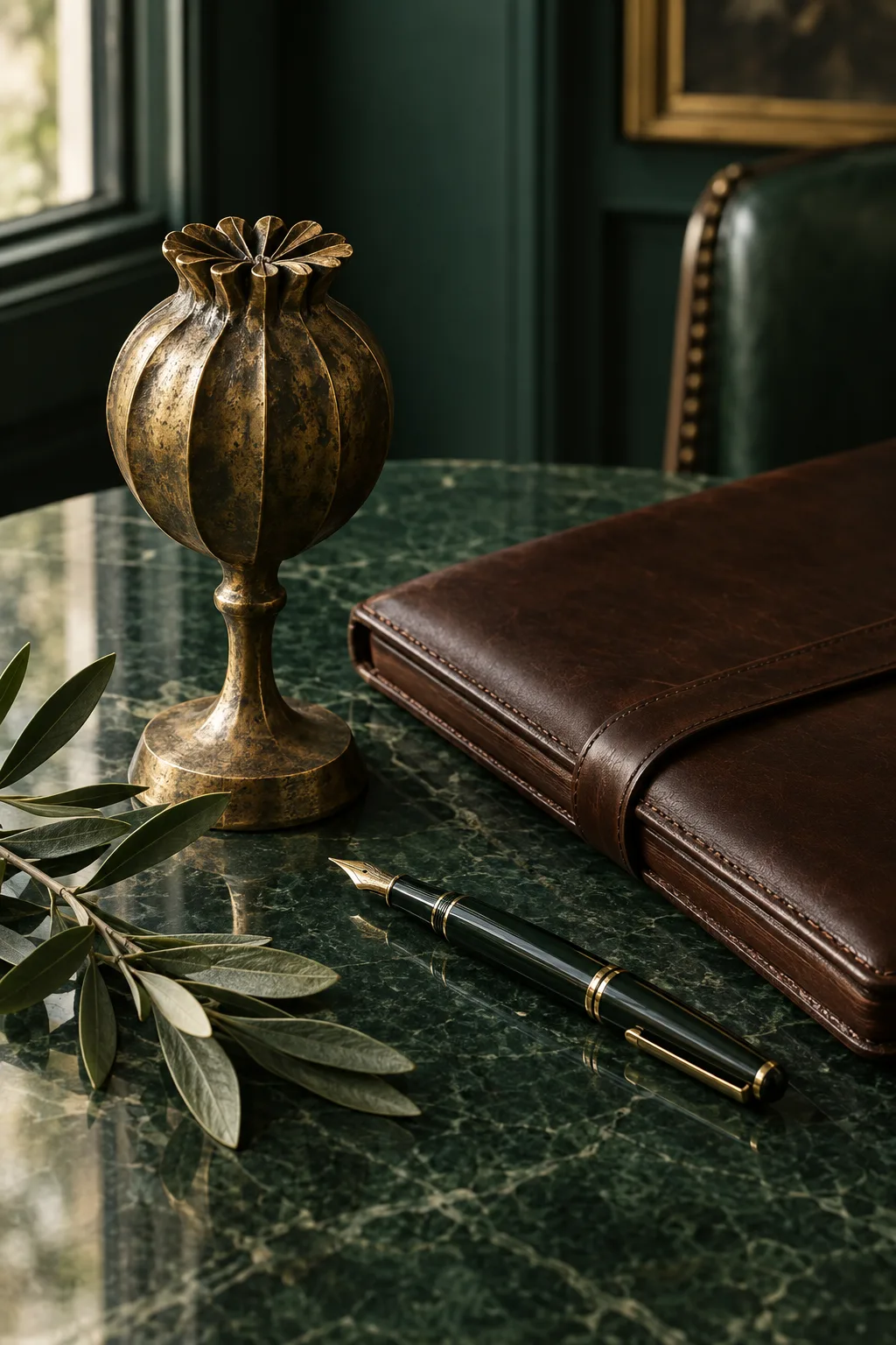 Brass seed pod sculpture, leather portfolio and fountain pen on dark green marble
